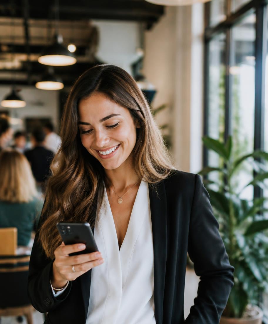 Candidate professionnelle souriante consultant son téléphone